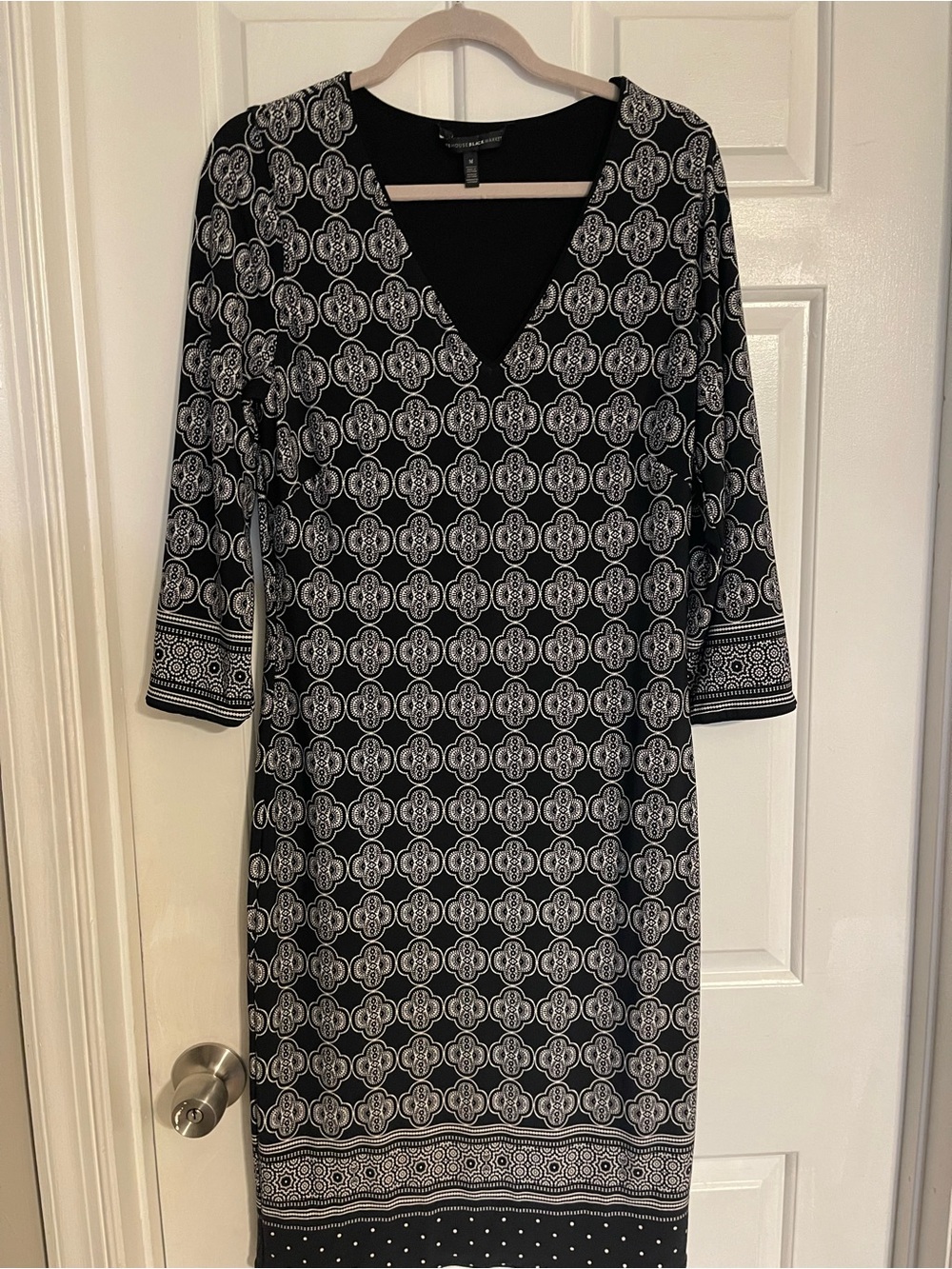 White House Black Market Reversible Black & White Patterned V-Neck Midi Dress